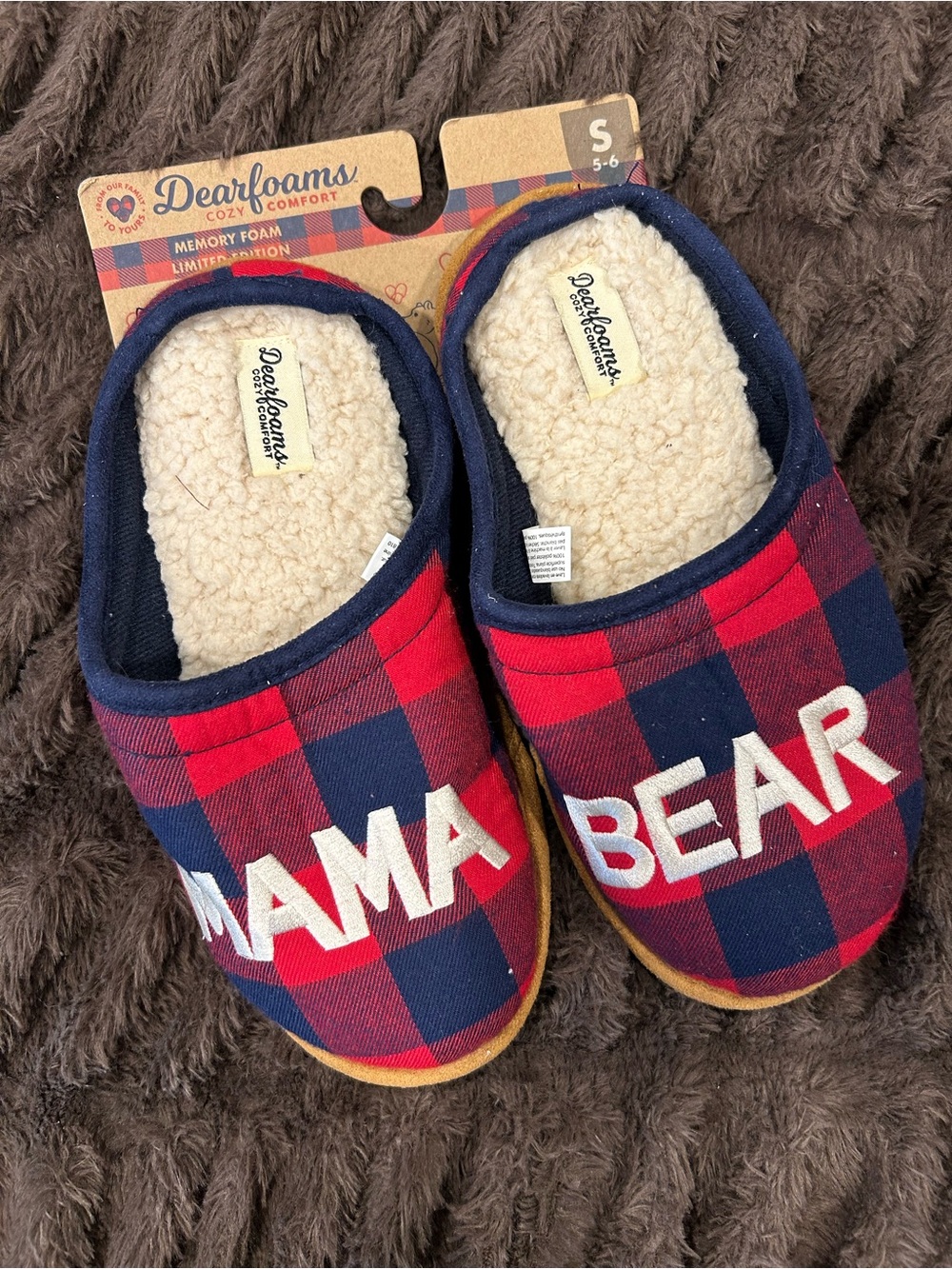 dearfoams Red and Navy Plaid "MAMA BEAR" Cozy Slippers